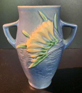 Vintage Roseville Pottery Freesia Vase Blue Pattern 117 - 6