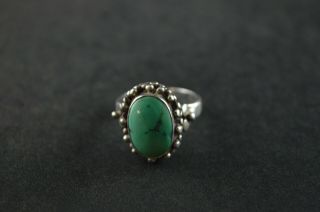 Vintage Sterling Silver Beaded Turquoise Stone Oval Ring - 8g