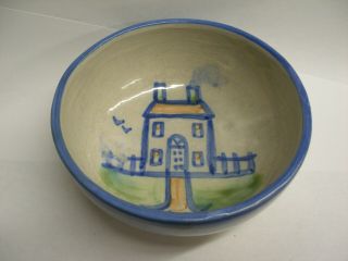Vintage M.  A.  Hadley Studio Folk Art Pottery Stoneware Bowl Blue House Design