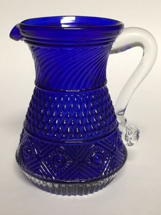 Vintage Pilgrim Glass Cobalt Blue Creamer Pitcher With Clear Applied Handle 4.  5 "