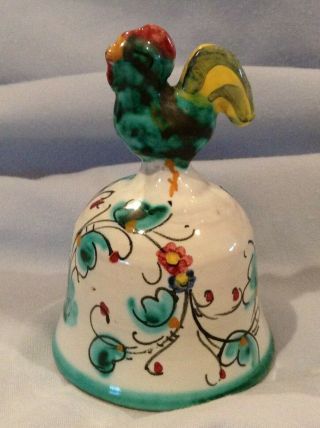 Vintage Italy Deruta Ceramic Rooster Bell Hand Painted Green With Clapper