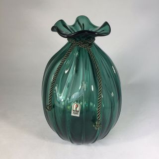 Vintage Pilgrim Handblown Green Glass Corded Bag/sack Vase 9 " Htf Rich Color
