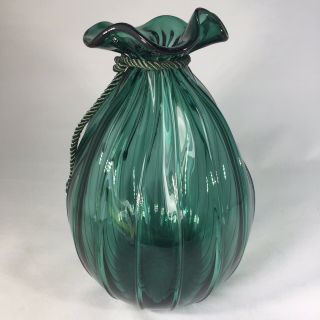 Vintage Pilgrim Handblown Green Glass Corded Bag/Sack Vase 9 