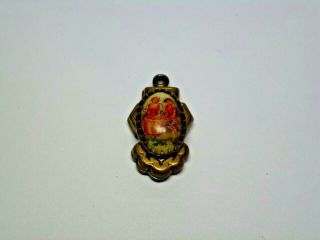 Vintage Brass Victorian Watch Fob Charm Painted Porcelain