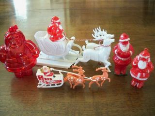 5 Vtg Retro Christmas Plastic Santa Ornaments Sleigh Reindeer Japan W Germany