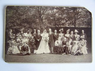 Vintage Cabinet Card Bride & Groom Wedding Group Photo Wearing Pretty Hats Photo