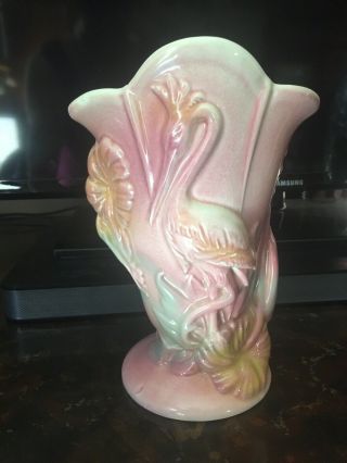 1940s Pink & Green Pelican/flamingo Vintage Hull Pottery Vase 85 Usa - 9 - 3/4 "