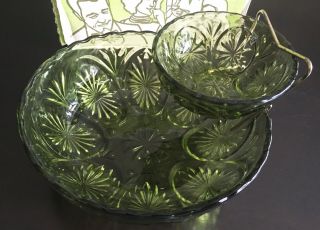 Vintage Anchor Hocking 3 Piece Chip And Dip Set In Orig Box Avocado Green 2