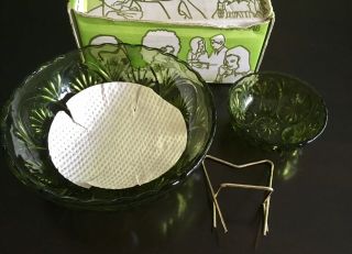 Vintage Anchor Hocking 3 Piece Chip And Dip Set In Orig Box Avocado Green 3