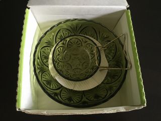 Vintage Anchor Hocking 3 Piece Chip And Dip Set In Orig Box Avocado Green 4