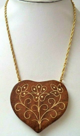Stunning Vintage Estate Signed India Carved Wood Heart 17.  5 " Necklace 2408k