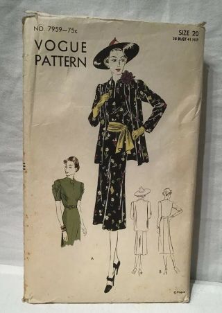 Vtg Vogue Sewing Pattern 7959 1940 - 50’s Dress/0ne Piece Frock & Jacket Size 20
