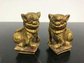 Vtg 2pc Chinese Carved Wood Miniature Gold Painted Foo Dog Figurines Art Statues