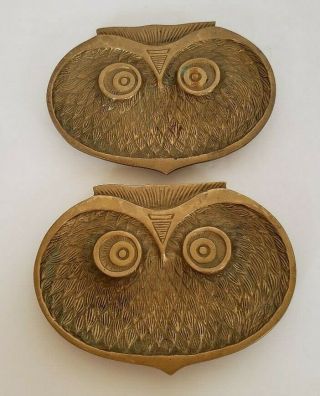 2 Vintage Solid Brass Owl Key Trinket Dish Ashtray Paperweight Bird 1960 