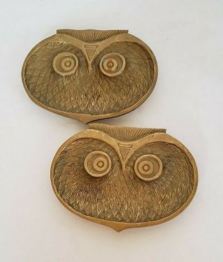 2 Vintage Solid Brass Owl Key Trinket Dish Ashtray Paperweight Bird 1960 ' s 70 ' s 2