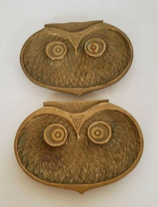 2 Vintage Solid Brass Owl Key Trinket Dish Ashtray Paperweight Bird 1960 ' s 70 ' s 3