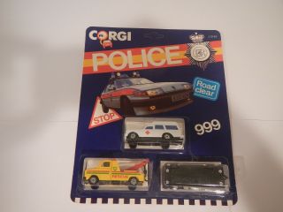 Vintage Corgi Police Mercedes Benz Ambulance,  Ford Transit Wrecker,  Rover 3300