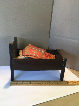 Vintage Wooden Cigar Box Doll Toy Bed 8 1/2 " W Bedding