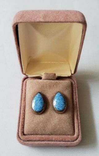 Vintage Estate 925 Sterling Silver Mexico Teardrop Earrings Blue Stone