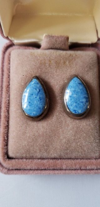 Vintage Estate 925 Sterling Silver Mexico Teardrop Earrings Blue Stone 2
