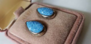 Vintage Estate 925 Sterling Silver Mexico Teardrop Earrings Blue Stone 3
