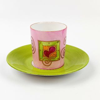 Vtg De Limoges France Demitasse Espresso Cup Saucer Hand Painted Pink Green