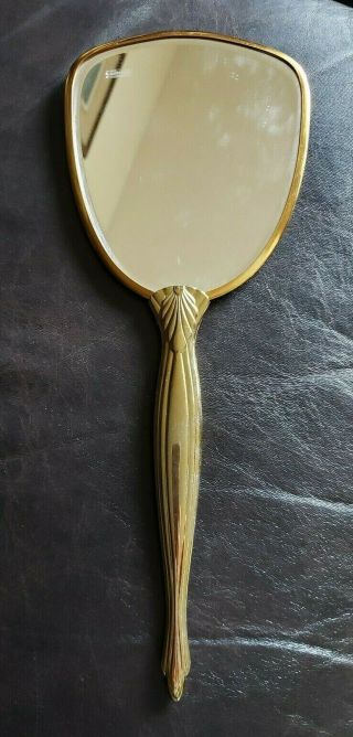 Vintage Victorian Style Hand Held Vanity Mirror With Golden Color Flower Design