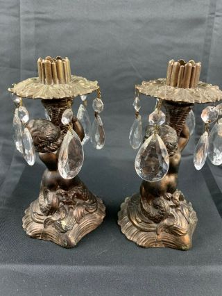 2 Vintage Metal Cast Cherubs Candlesticks Candle Holders 6 pin Crystal Dangles 2
