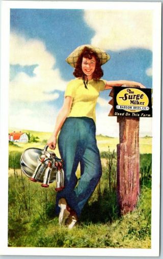 Vintage Advertising Postcard Babson Bros.  Co " The Surge Milker " Farm Girl