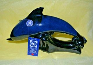 Vintage Rare (bmp) Blue Mountain Pottery 12 1/2 In.  Blue Glaze Dolphin With Tag