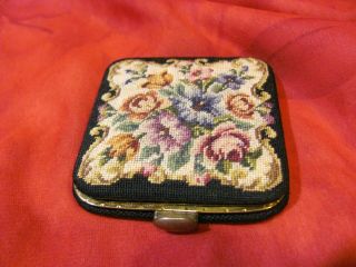 Lovely Vintage Petit Point Needlepoint Compact With Mirror Puff & Screen