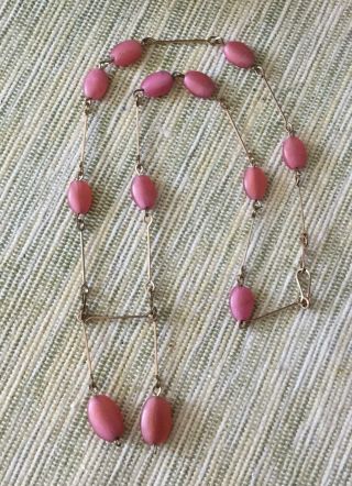 Vintage Art Deco Pink Satin Glass Double Drop / Rolled Gold Necklace C1930’s