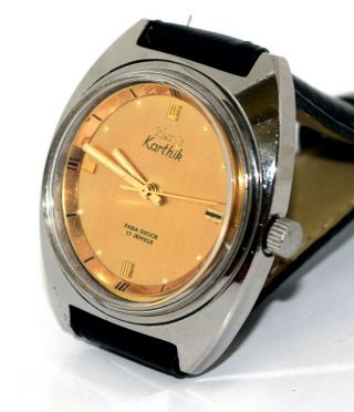 Golden Dial Rare Hmt Karthik Mechanical Hand Winding 17 J Men Wrist Watch