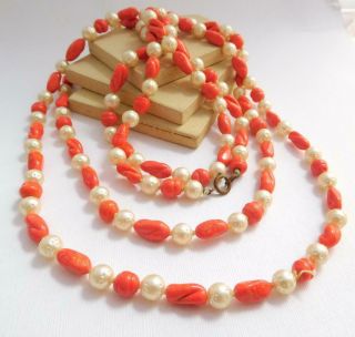 Vintage 60 " Long Salmon Coral Art Glass White Baroque Pearl Flapper Necklace Y46