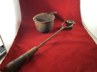 Vintage Cast Iron Smelting Pot And Bail Bucket With Wooden Handle
