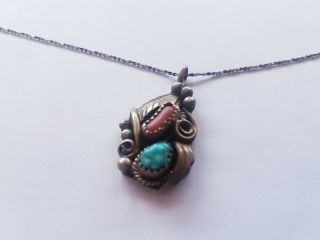 Vintage Navajo Indian Sterling Silver Turquoise & Coral Leaf Pendant Necklace