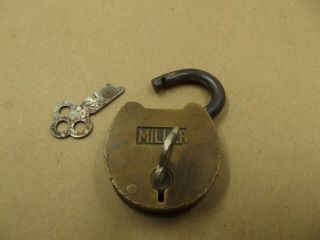 Vtg Antique Brass Miller Lock Co Phila Usa Padlock Key