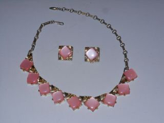 Vintage Coro Necklace Earrings Costume Jewelry Pink Rose Square Gold Tone Set 16