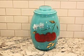 Bartlett Collins Turquoise Glass Cookie Jar Red Apples With Blossom Vintage