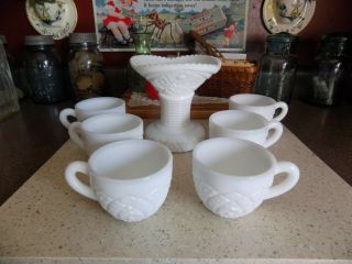 Vintage Mckee Concord White Milk Glass Punch Bowl Pedestal Stand,  6 Cups