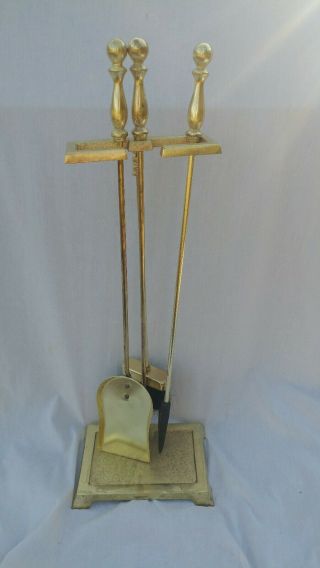 Vintage Gold Color Fireplace Tools Set 4 Piece Stand Poker Shovel Broom Chic