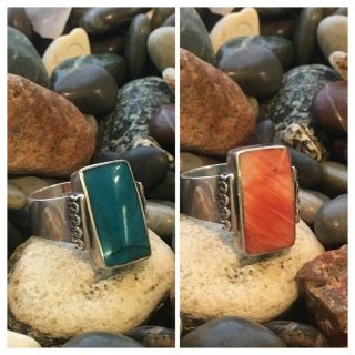 Vintage Turquoise & Red Coral Reversable Ring,  Size 7 1/2 Sterling