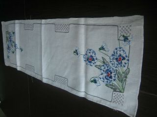 Vintage Hand Embroidered Dresser Scarf,  37 " X 11 1/2 " Blue Pansies On Linen