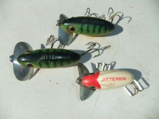 3 Vntg Jitterbug Lipped Fishing Lures By Fred Arbogast W/ 2 Treble Hooks