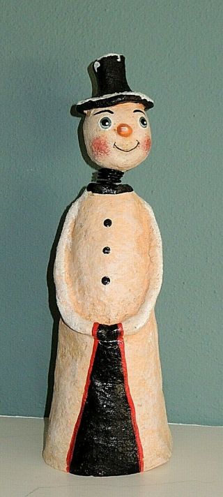 Vintage Primitive Folk Art Bobble Head Snowman Figurine Artist Signed Ooak