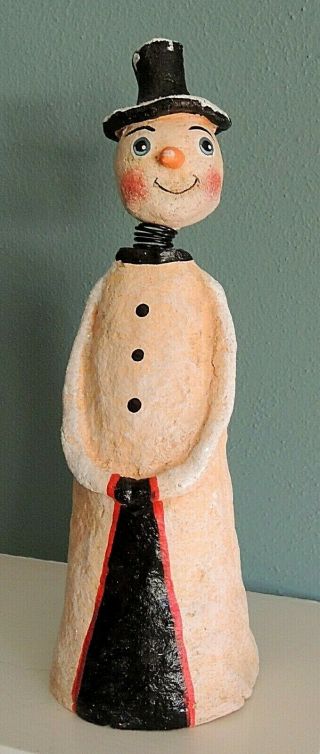 Vintage Primitive Folk Art Bobble Head Snowman Figurine Artist Signed OOAK 2