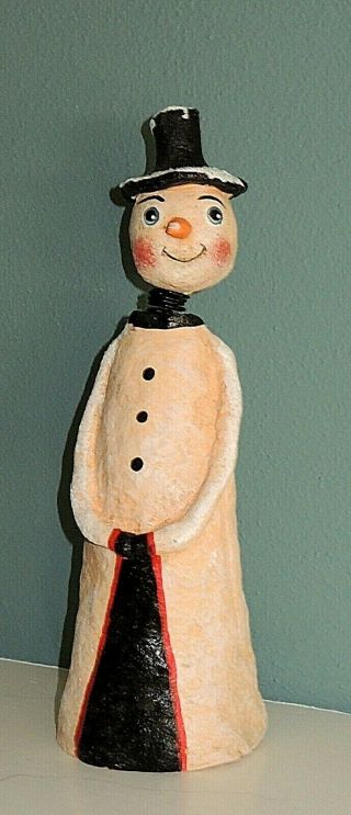 Vintage Primitive Folk Art Bobble Head Snowman Figurine Artist Signed OOAK 3