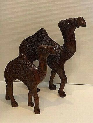 Set Of 2 Vintage Hand Carved Wooden Sculpture Camels
