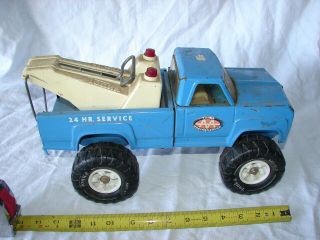 Vintage Mighty Tonka Toy Truck Pressed Steel Blue Wrecker Tow Monster Wheels
