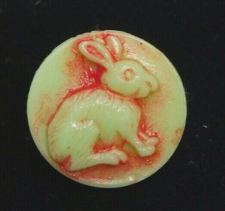 Antique Vintage Button Green Glass Bunny Rabbit W Red B